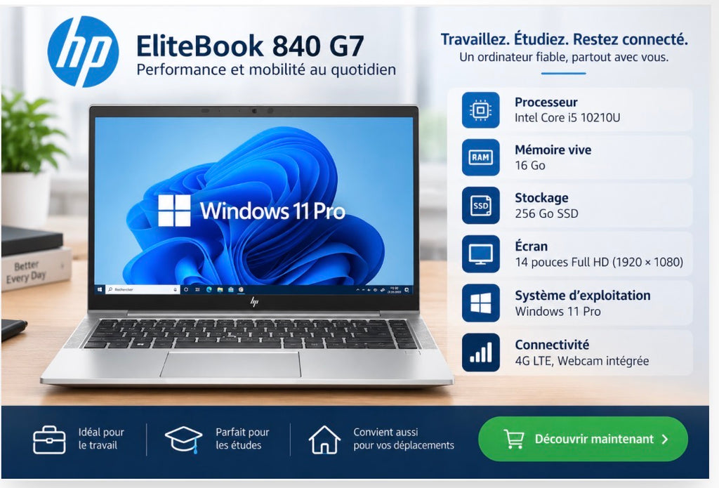 HP EliteBook 840 G7 – Core i5, 16 Go RAM, SSD 256 Go, 14" Full HD