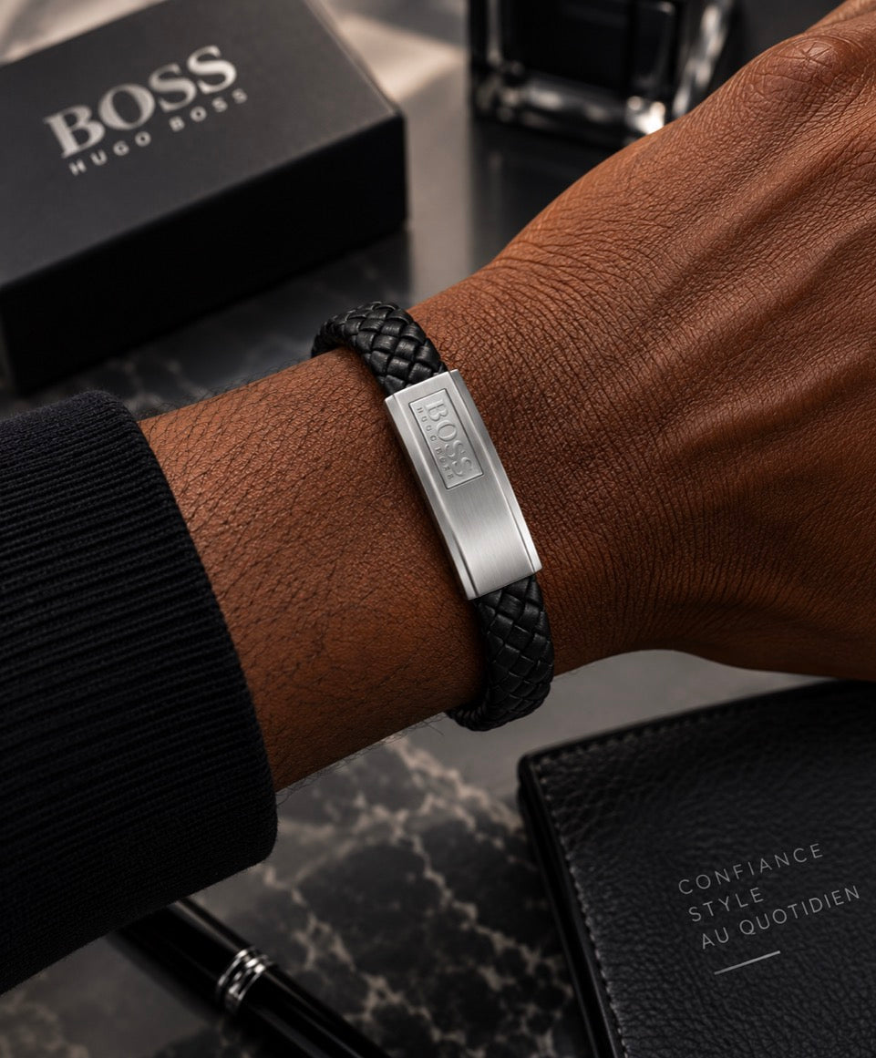 BOSS LANDER Bracelet Tressé Noir & Argenté