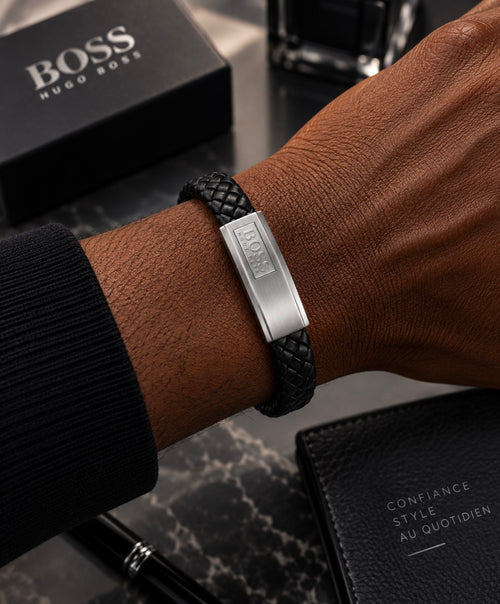 BOSS LANDER Bracelet Tressé Noir & Argenté