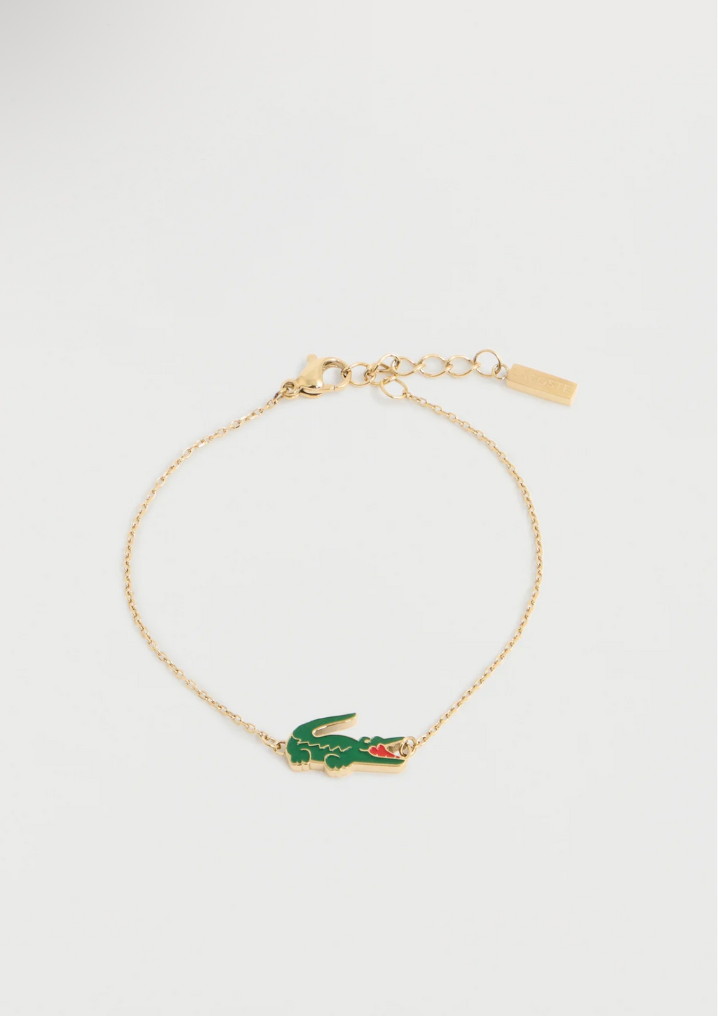 Bracelet Lacoste Crocodile Unisex doré avec crocodile émaillé vert et détail rouge sur chaîne fine